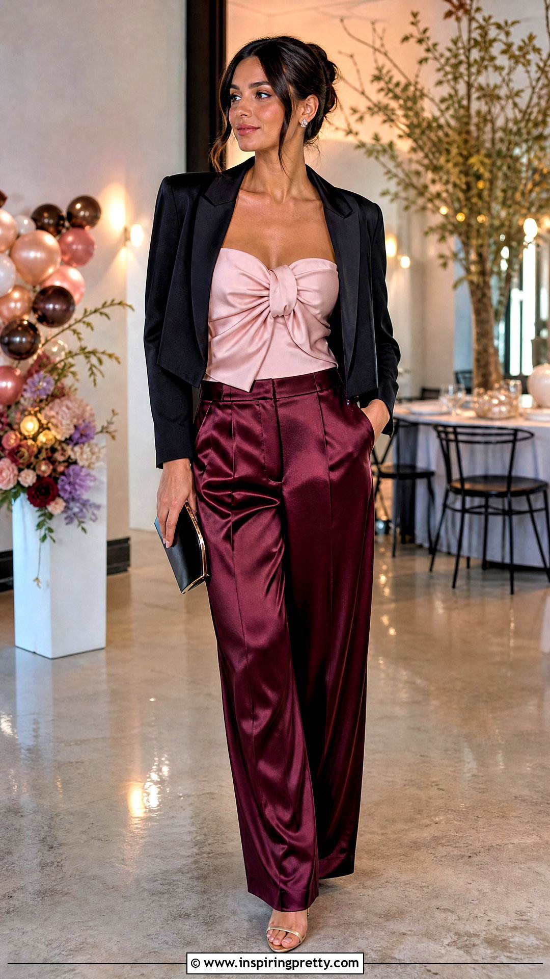 Bow Tube Top With Satin Trousers - 50 cute tube tops outfit ideas