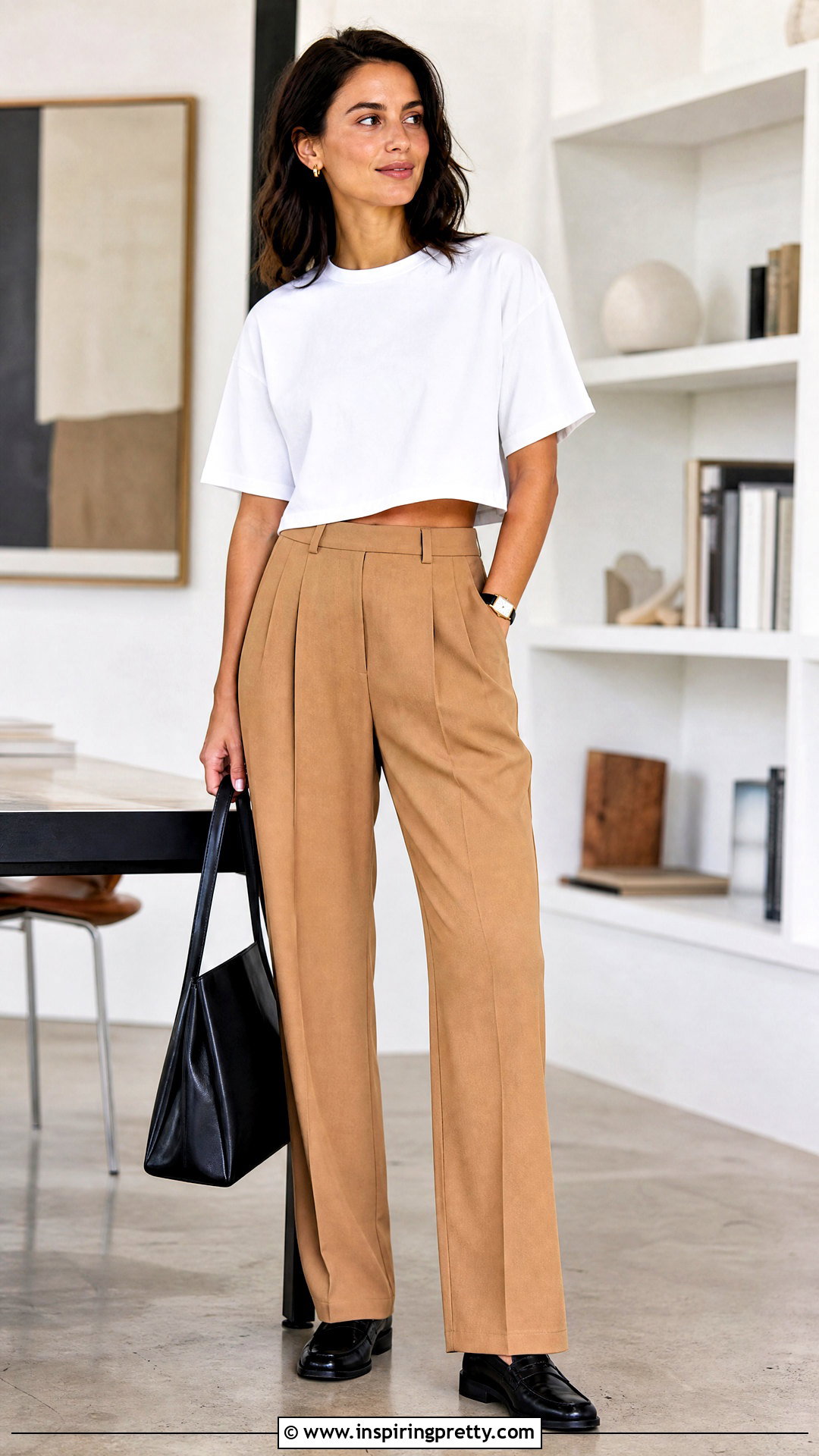 Boxy Cotton Crop Top With Pleated Trousers - 50 cotton crop top outfit ideas