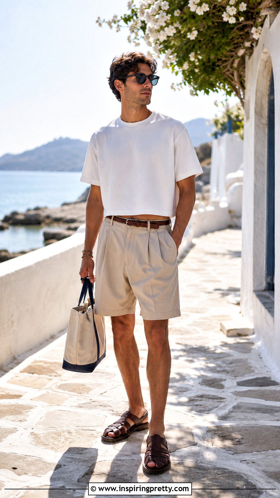 Boxy Crop Top With Tailored Shorts And Sandals - 20 men’s crop tops outfit ideas