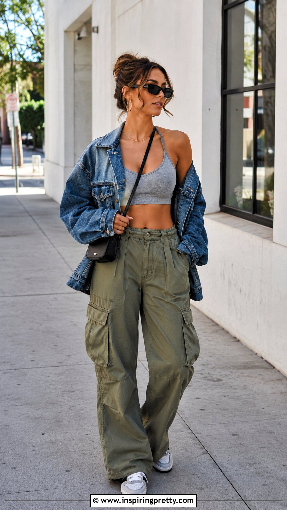 Bra Top With Denim Jacket And Cargo Pants - 50 bra tops outfit ideas
