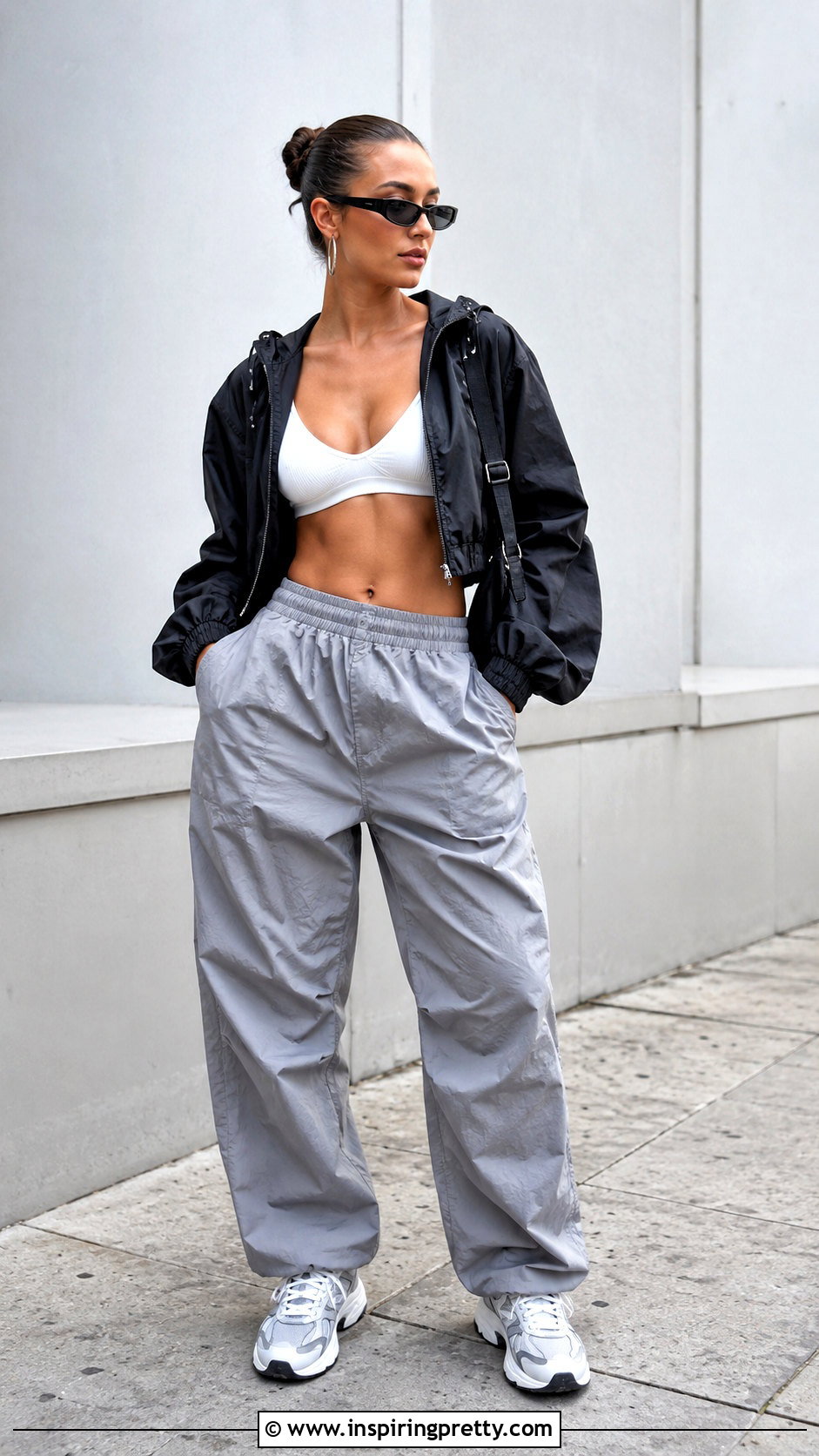 Bra Top With Parachute Pants And Sneakers - 50 bra tops outfit ideas