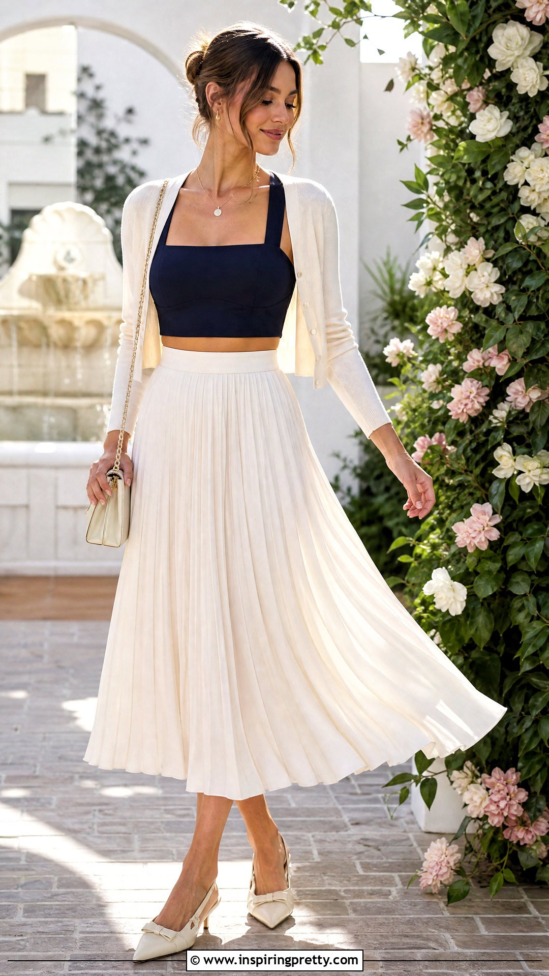 Bra Top With Pleated Midi Skirt - 50 bra top outfit ideas