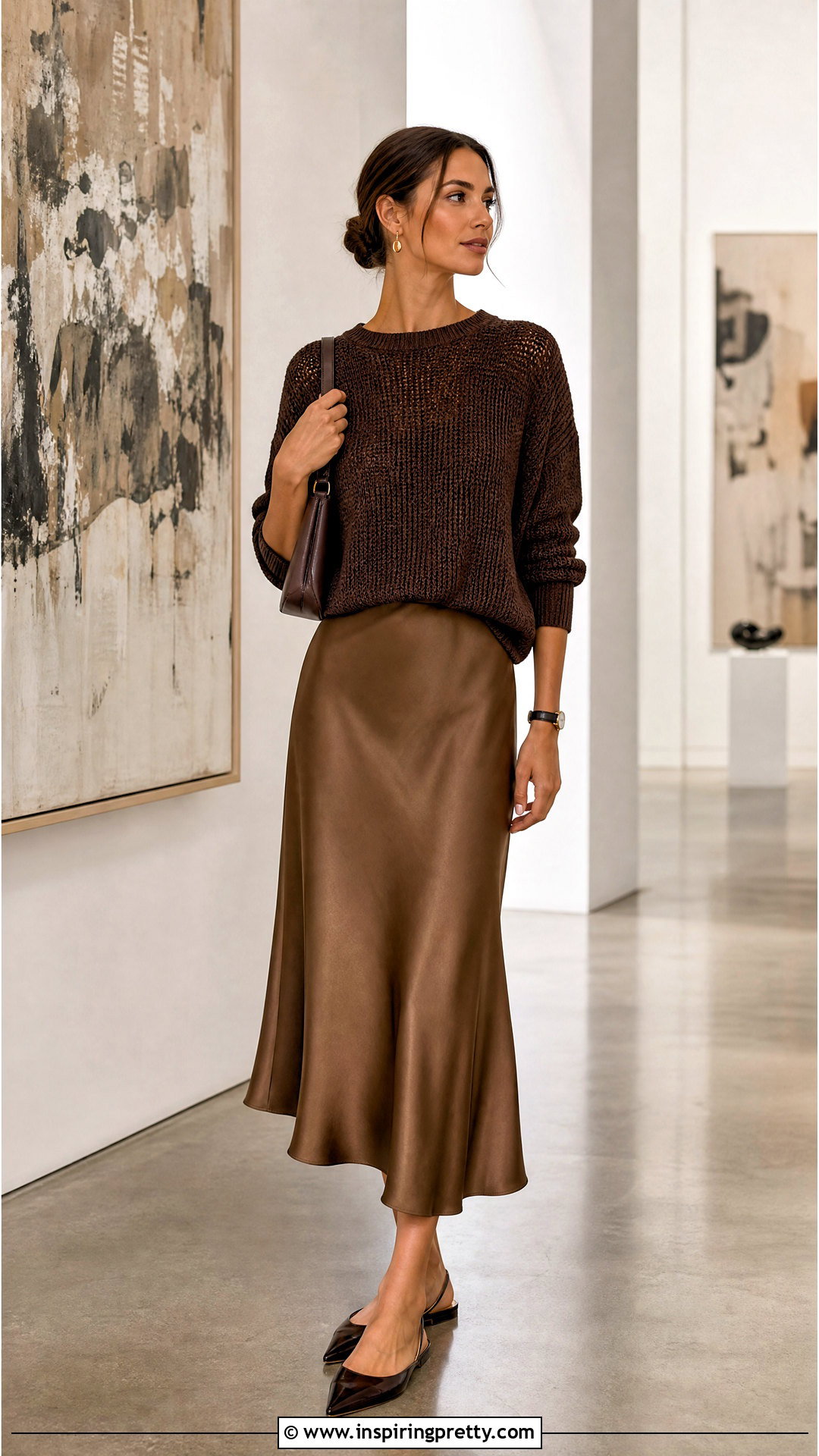 Braless Loose Knit Top With Satin Midi Skirt - 20 braless loose top outfit ideas