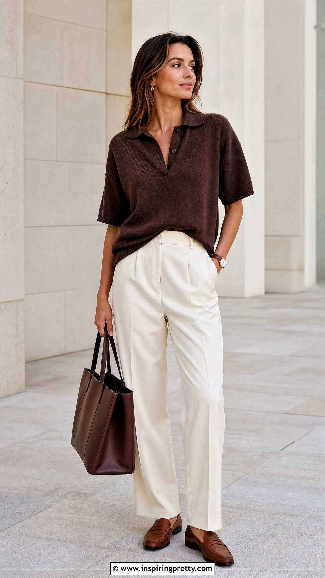 Braless Loose Polo Top With Pleated Trousers - 20 braless loose top outfit ideas