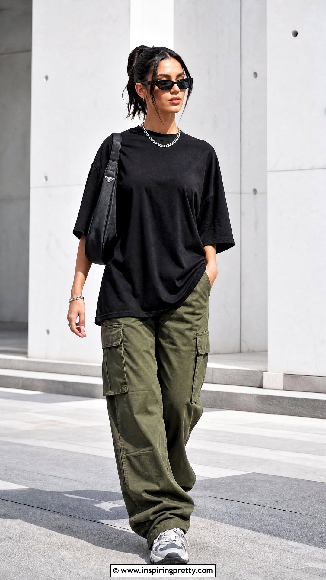 Braless Oversized Black Tee With Cargo Pants - 20 braless loose top outfit ideas