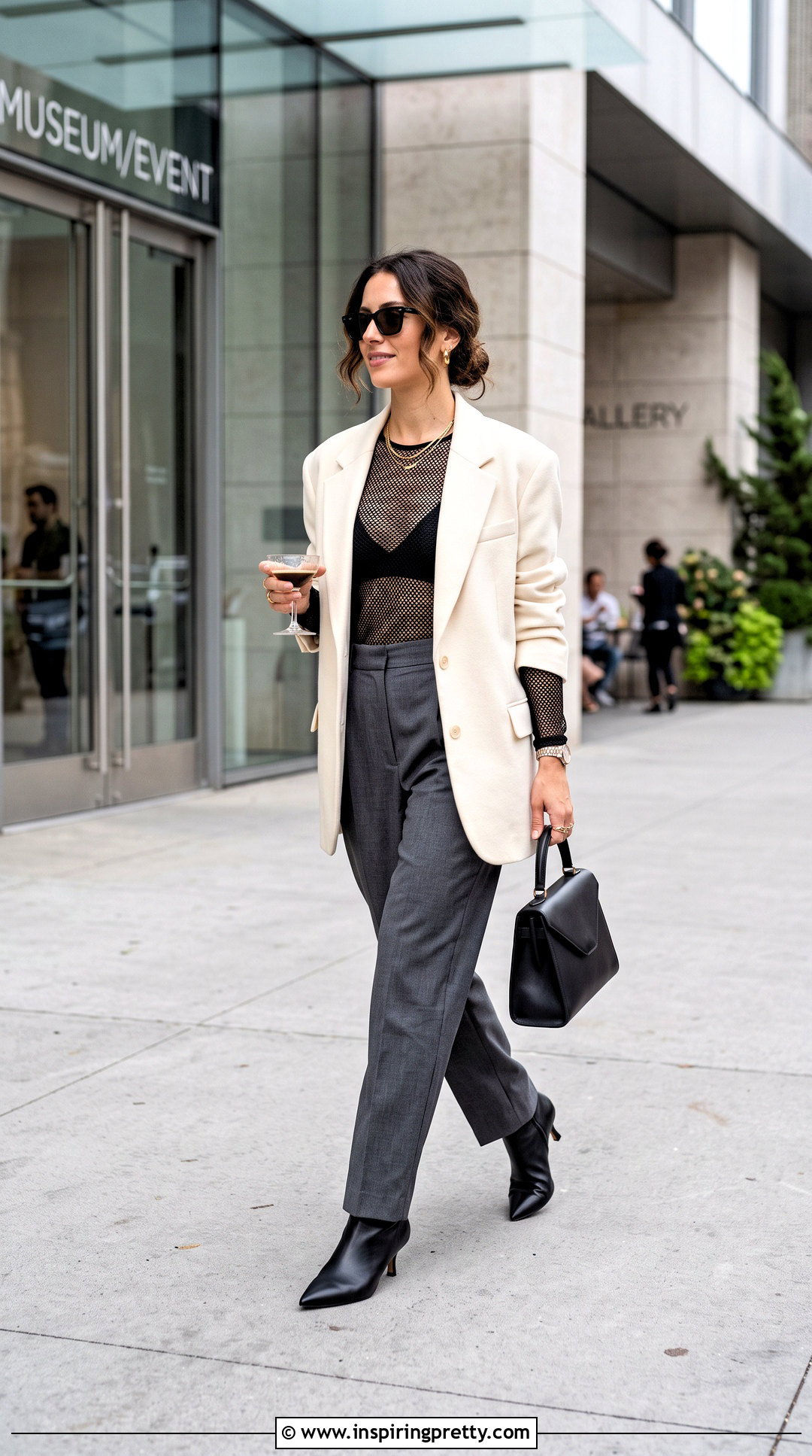 Bralette Mesh Top With Oversized Blazer - 25 bralette mesh top outfit ideas