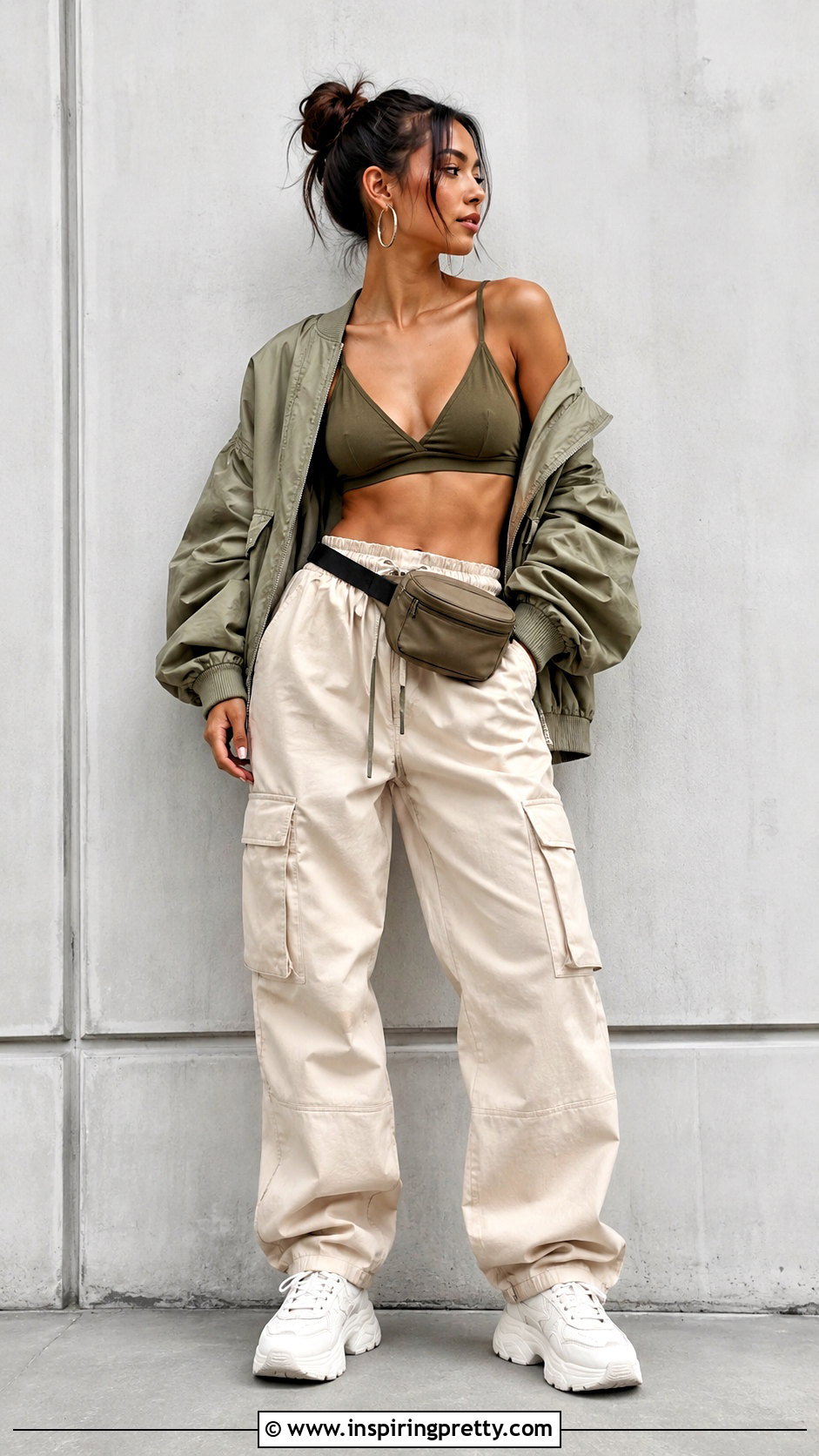 Bralette With Cargo Pants And Bomber Jacket - 20 cute bralette tops outfit ideas