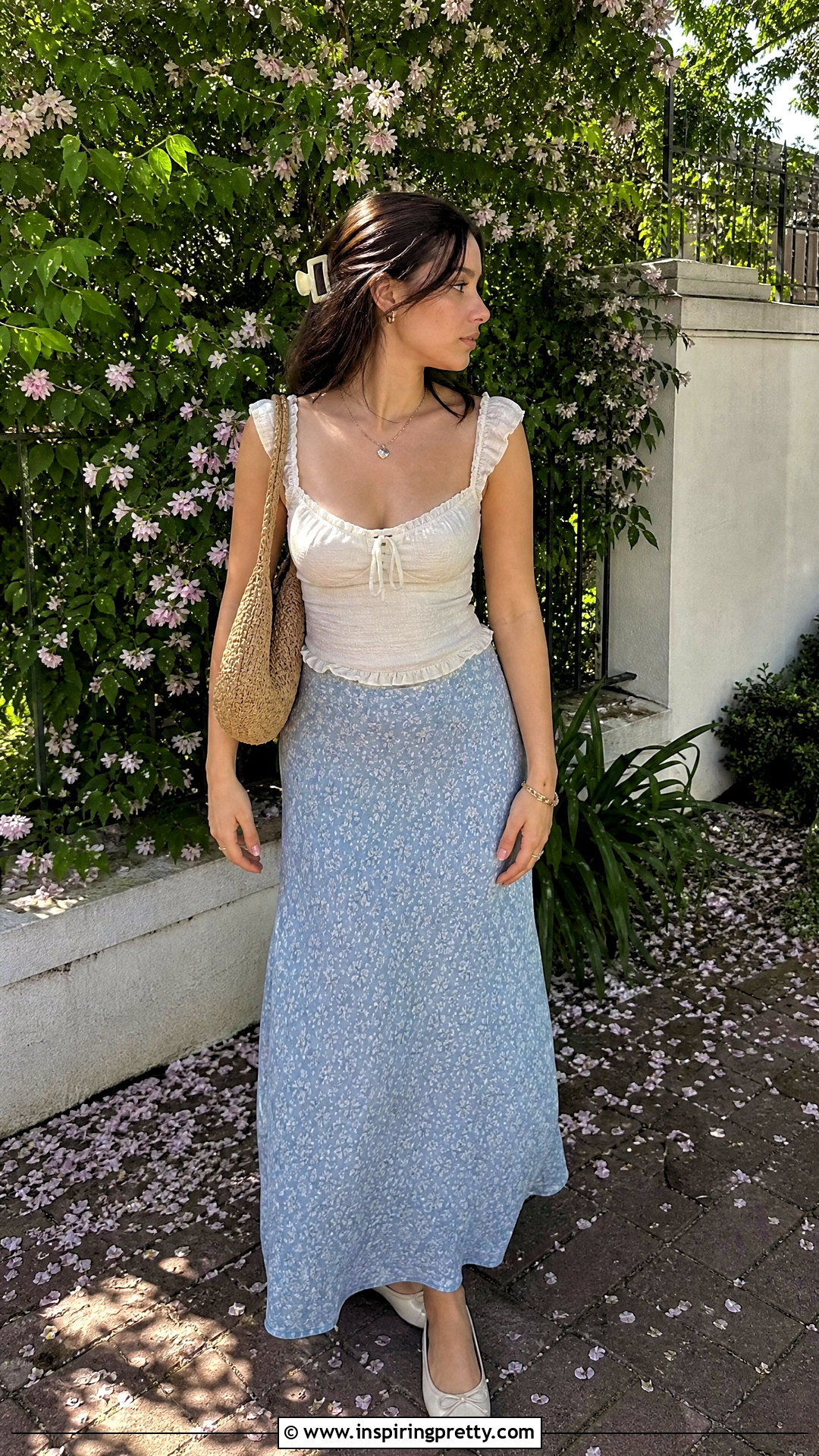 Brandy Melville Ruffle Top With Floral Maxi Skirt And Ballet Flats - 25 brandy melville ruffle top outfit ideas