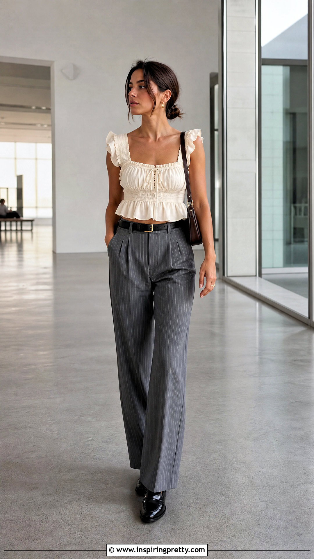 Brandy Melville Ruffle Top With Pinstripe Pants And Loafers - 25 brandy melville ruffle top outfit ideas