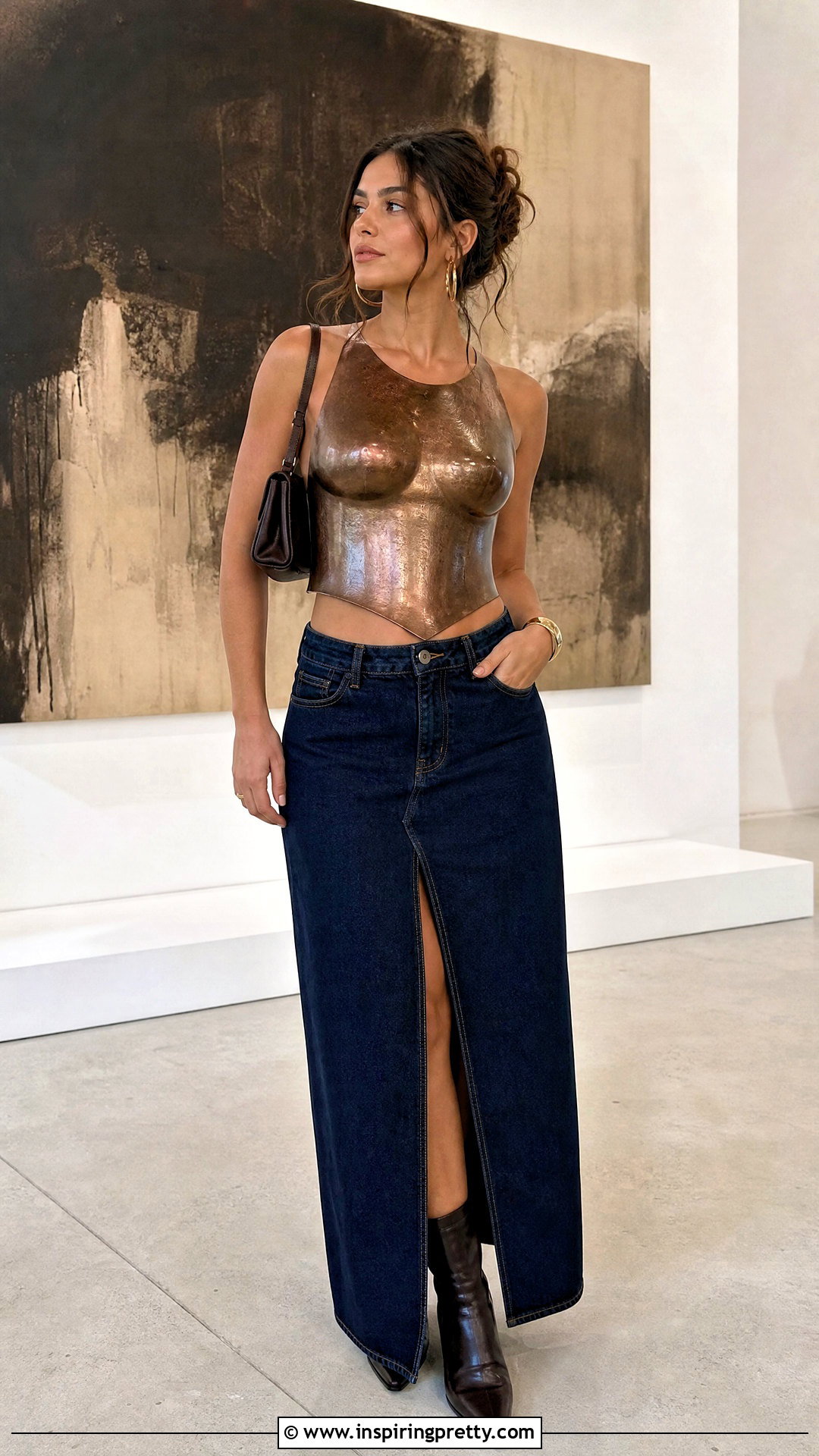 Breastplate Top With A Denim Maxi Skirt - 25 breastplate top outfit ideas