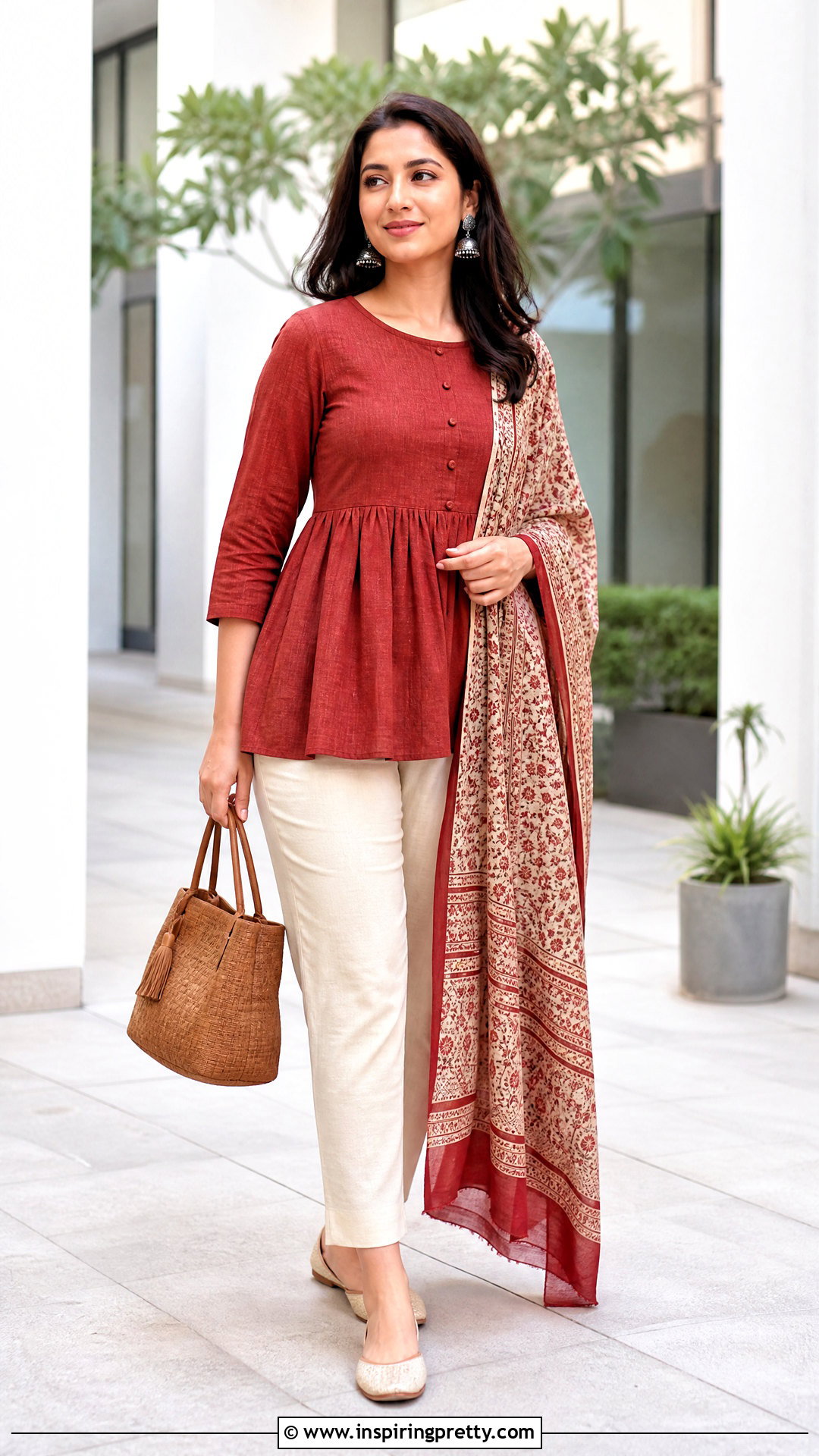 Brick Red Indian Peplum Top With Cream Pants - 50 indian peplum top outfits