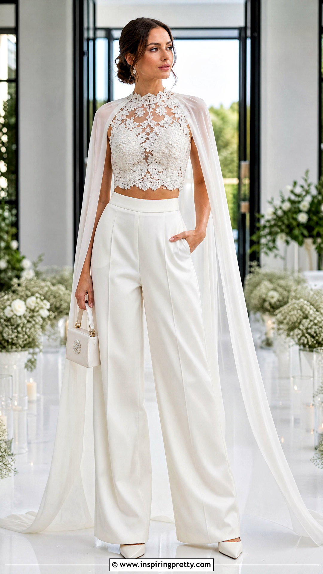 Bridal Crop Top And White Pants Wedding Outfit - 25 crop top pants wedding ideas
