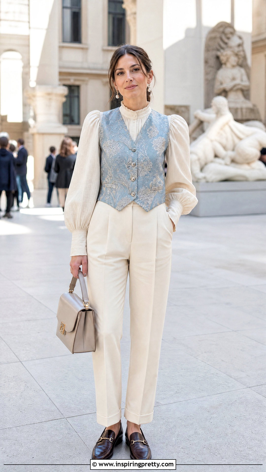 Bridgerton Inspired Brocade Vest With Puff Sleeve Blouse - 25 bridgerton inspired tops outfit ideas