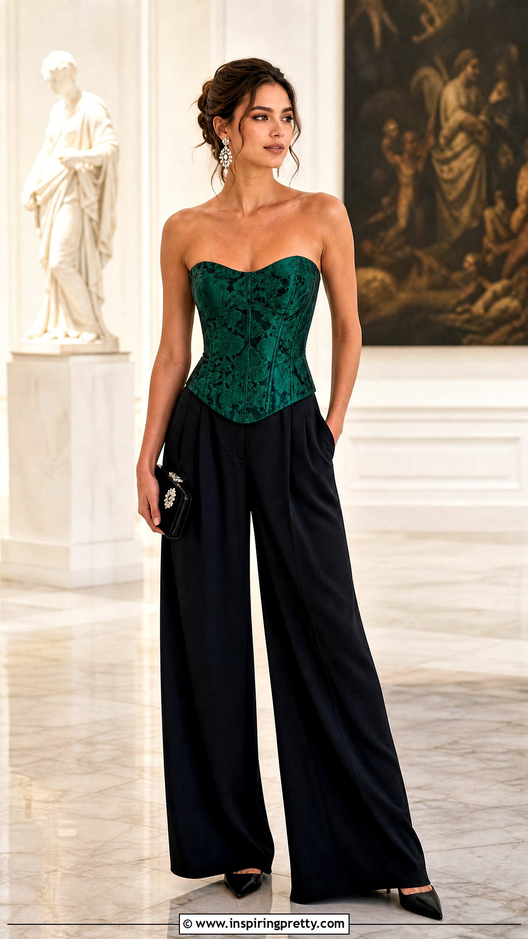 Bridgerton Inspired Jacquard Corset Top With Black Trousers - 25 bridgerton inspired tops outfit ideas