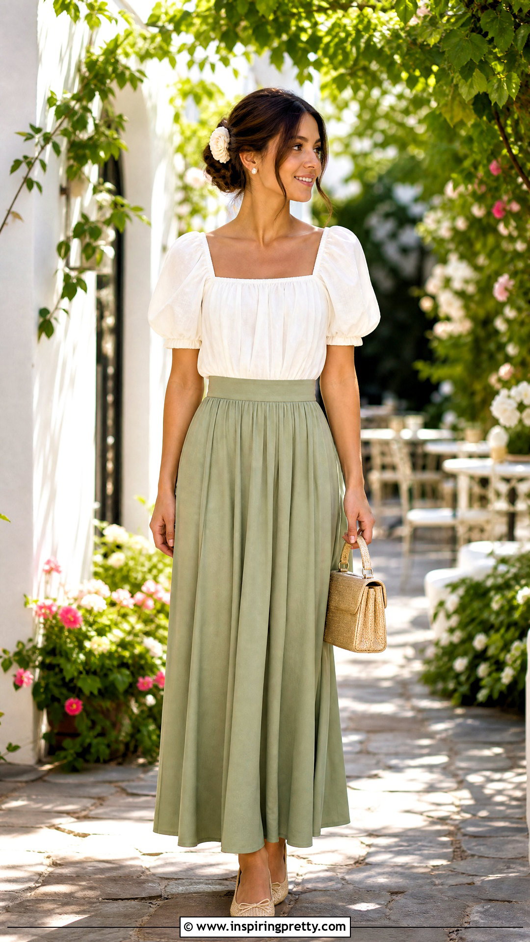 Bridgerton Inspired White Square Neck Blouse With Maxi Skirt - 25 bridgerton inspired tops outfit ideas
