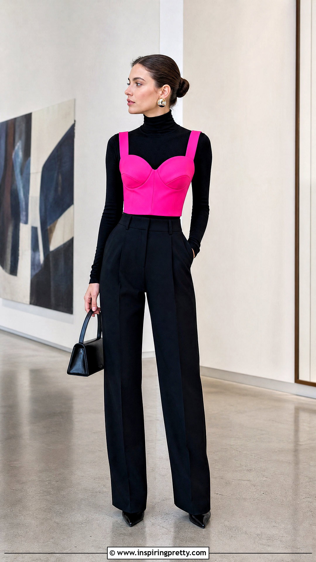 Bright Crop Top Over Black Turtleneck With Trousers - 25 Crop Top Over Turtleneck outfit ideas