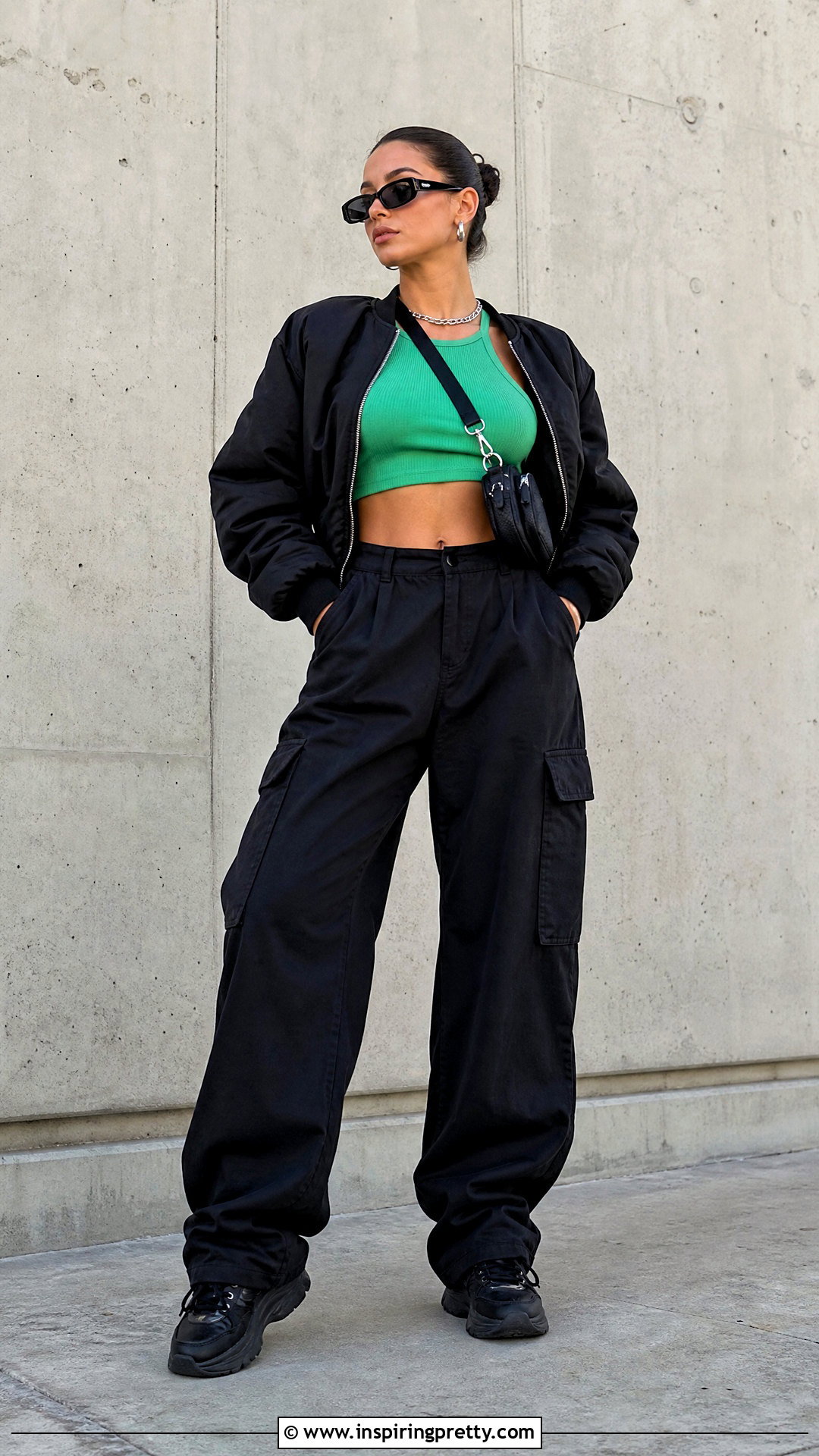 Bright Green Crop Top With Black Cargo Pants - 25 bright green crop top outfit ideas