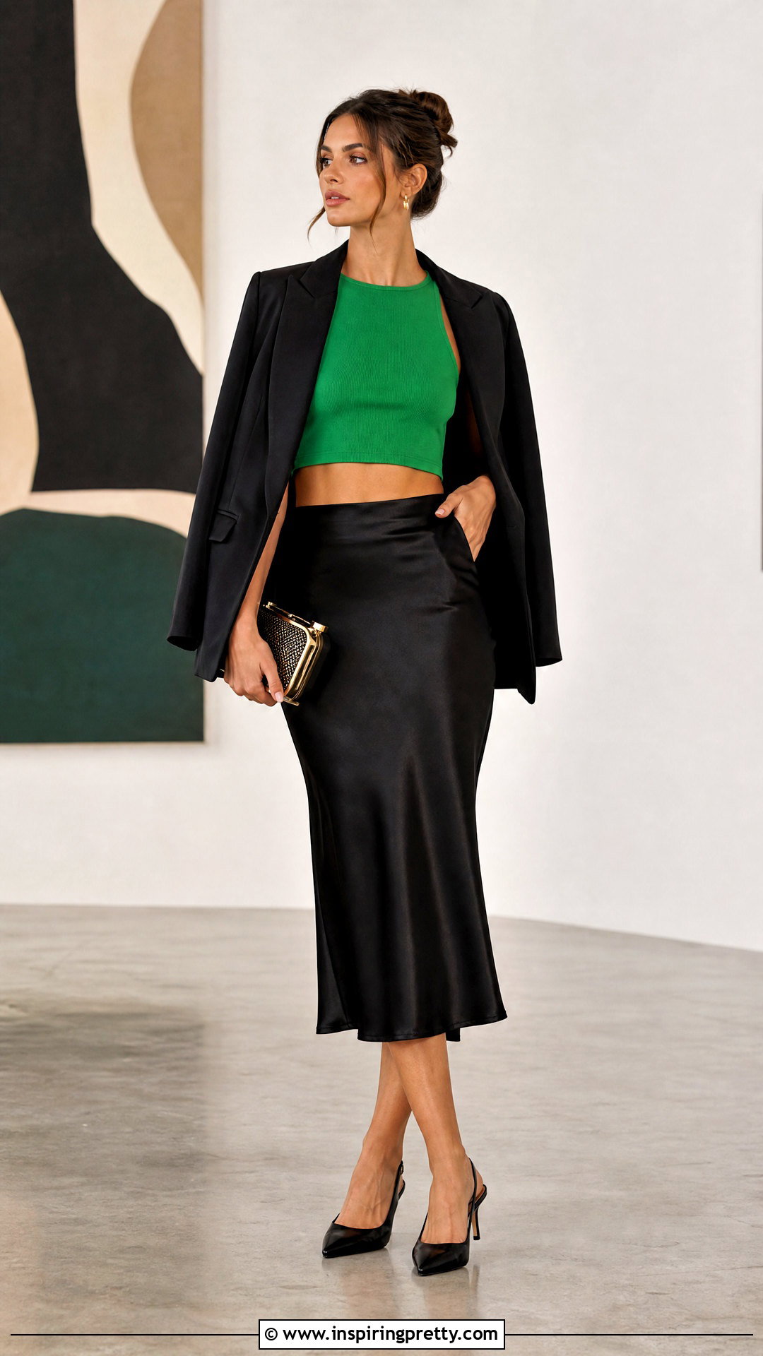 Bright Green Crop Top With Black Satin Midi Skirt - 25 bright green crop top outfit ideas