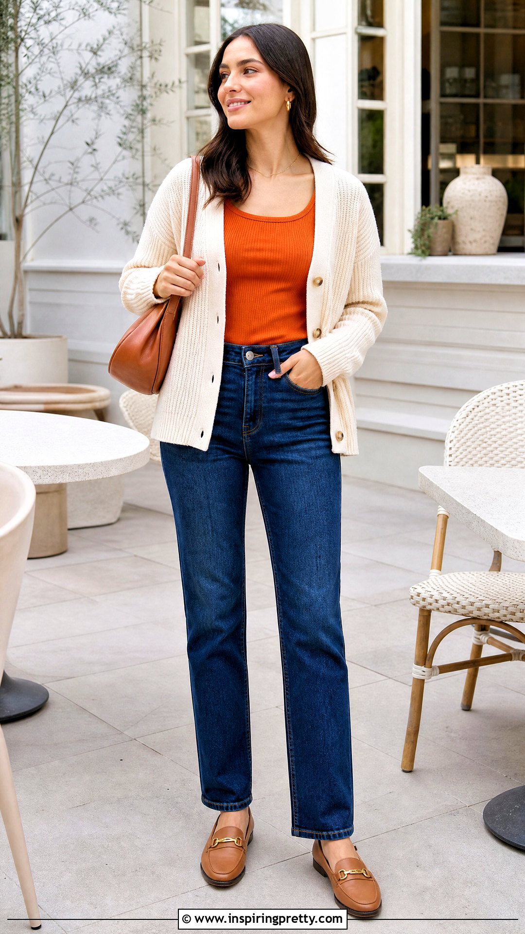 Bright Orange Tank Top With Cream Cardigan And Jeans - 25 bright orange tank top outfit ideas
