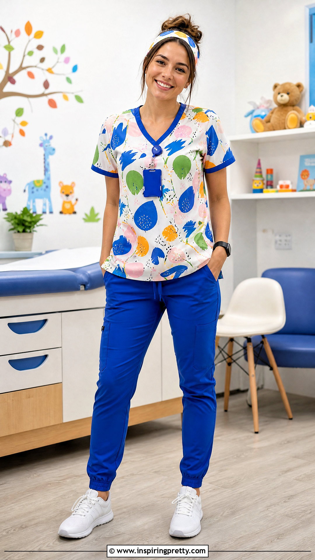 Bright Printed Scrub Top With Royal Blue Pants - 20 Fancy Scrub Tops outfit ideas