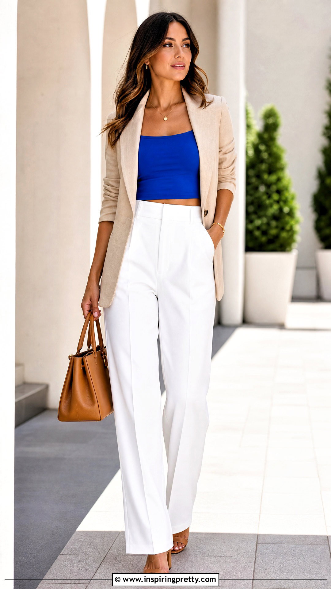 Bright Short Top With White Trousers - 50 short tops outfit ideas