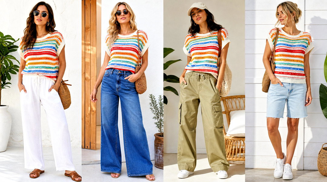 20 Bright Striped Crochet Top Outfit Ideas for Sunny Days