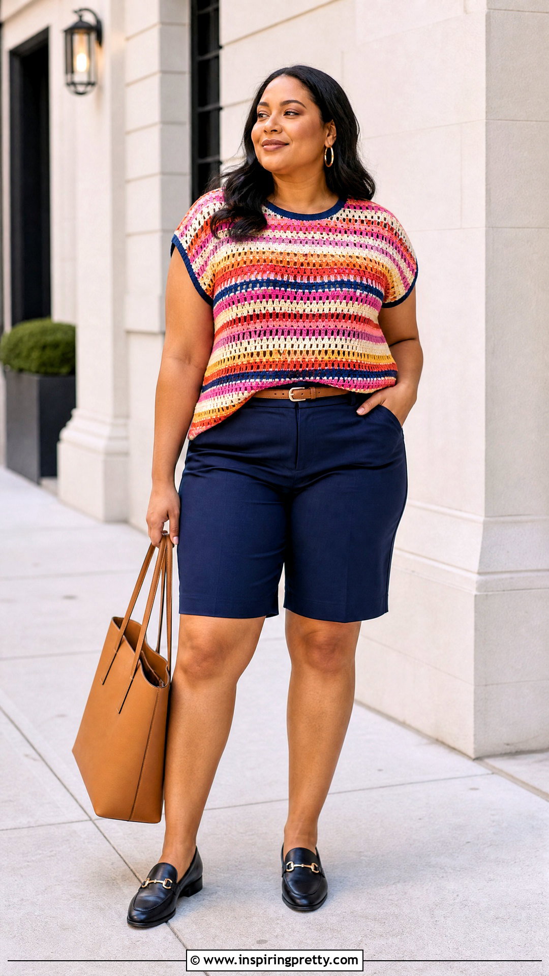 Bright Striped Crochet Top With Bermuda Shorts - 20 bright striped crochet top outfit ideas