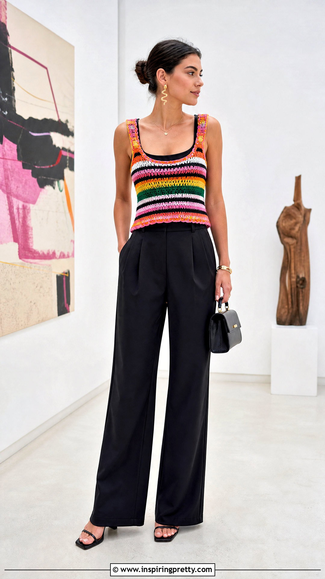 Bright Striped Crochet Top With Black Trousers - 20 bright striped crochet top outfit ideas