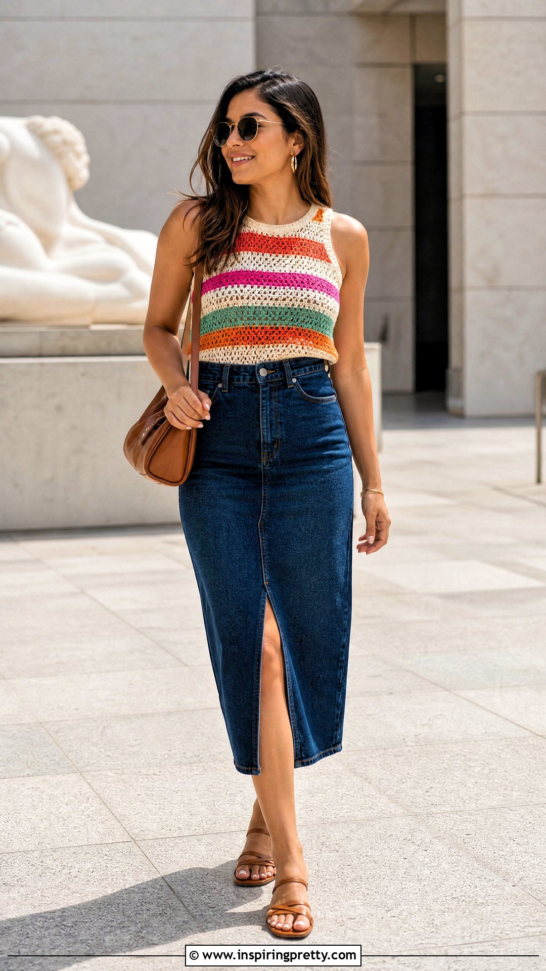 Bright Striped Crochet Top With Denim Midi Skirt - 20 bright striped crochet top outfit ideas