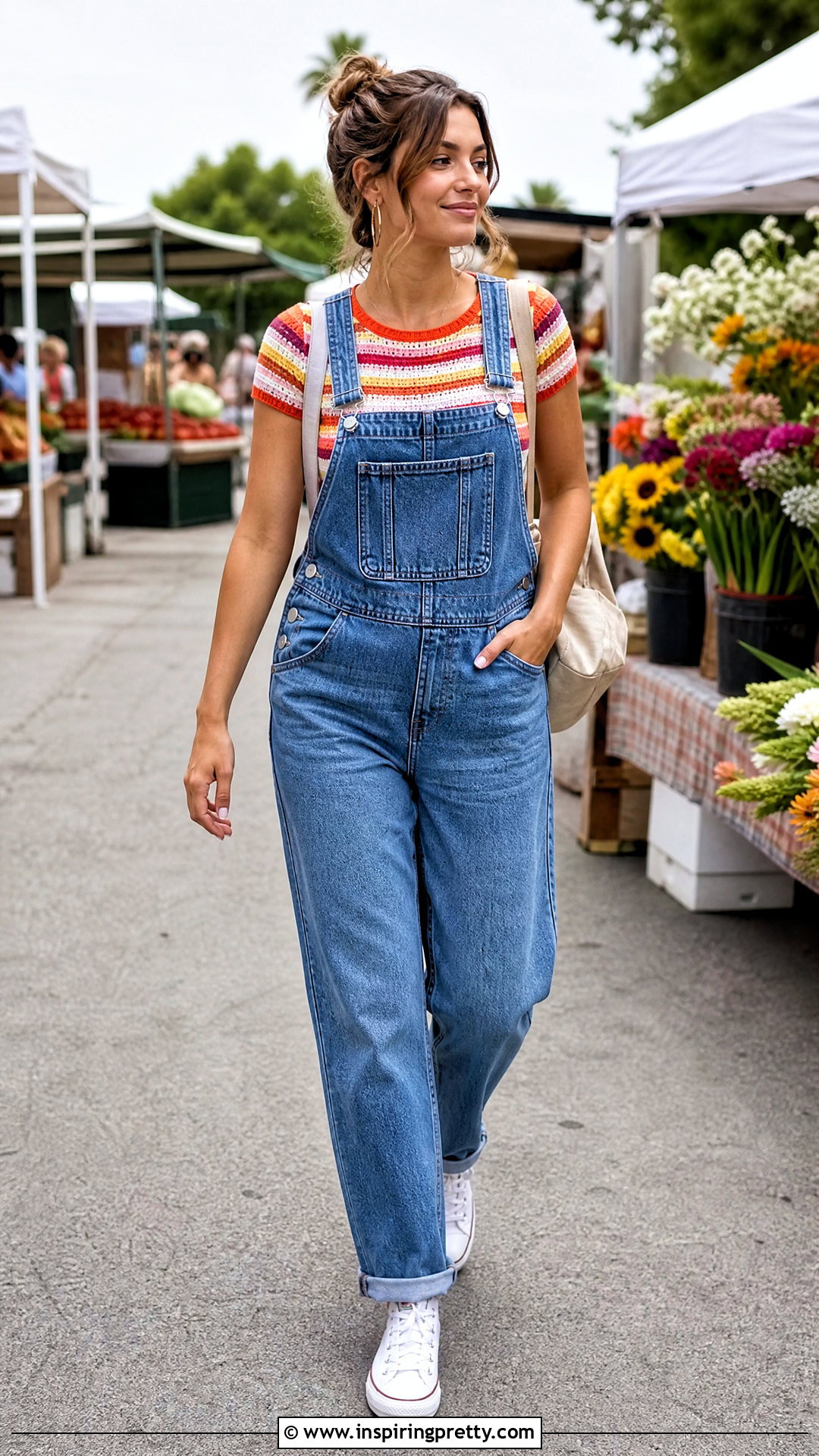 Bright Striped Crochet Top With Denim Overalls - 20 bright striped crochet top outfit ideas
