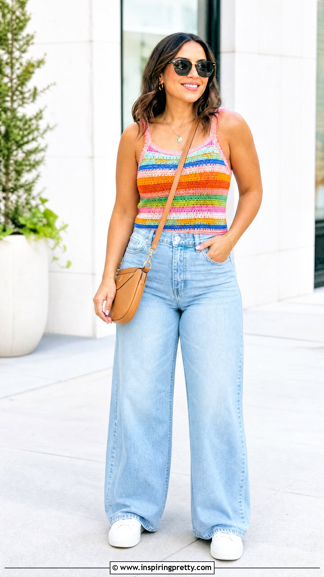 Bright Striped Crochet Top With Wide Leg Jeans - 20 bright striped crochet top outfit ideas