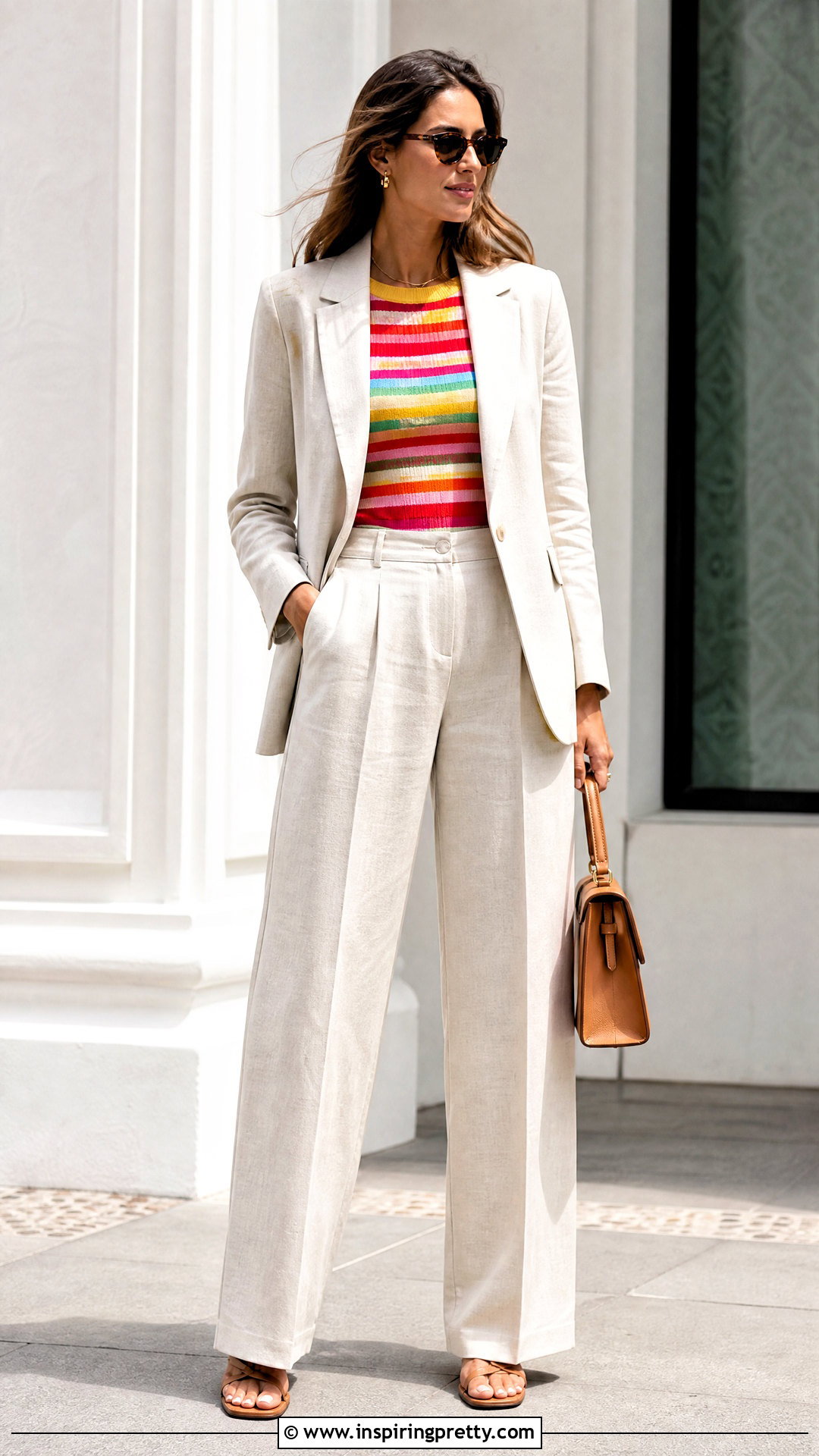 Bright Striped Summer Top With a Neutral Summer Suit - 20 Bright Striped Summer Top outfit ideas