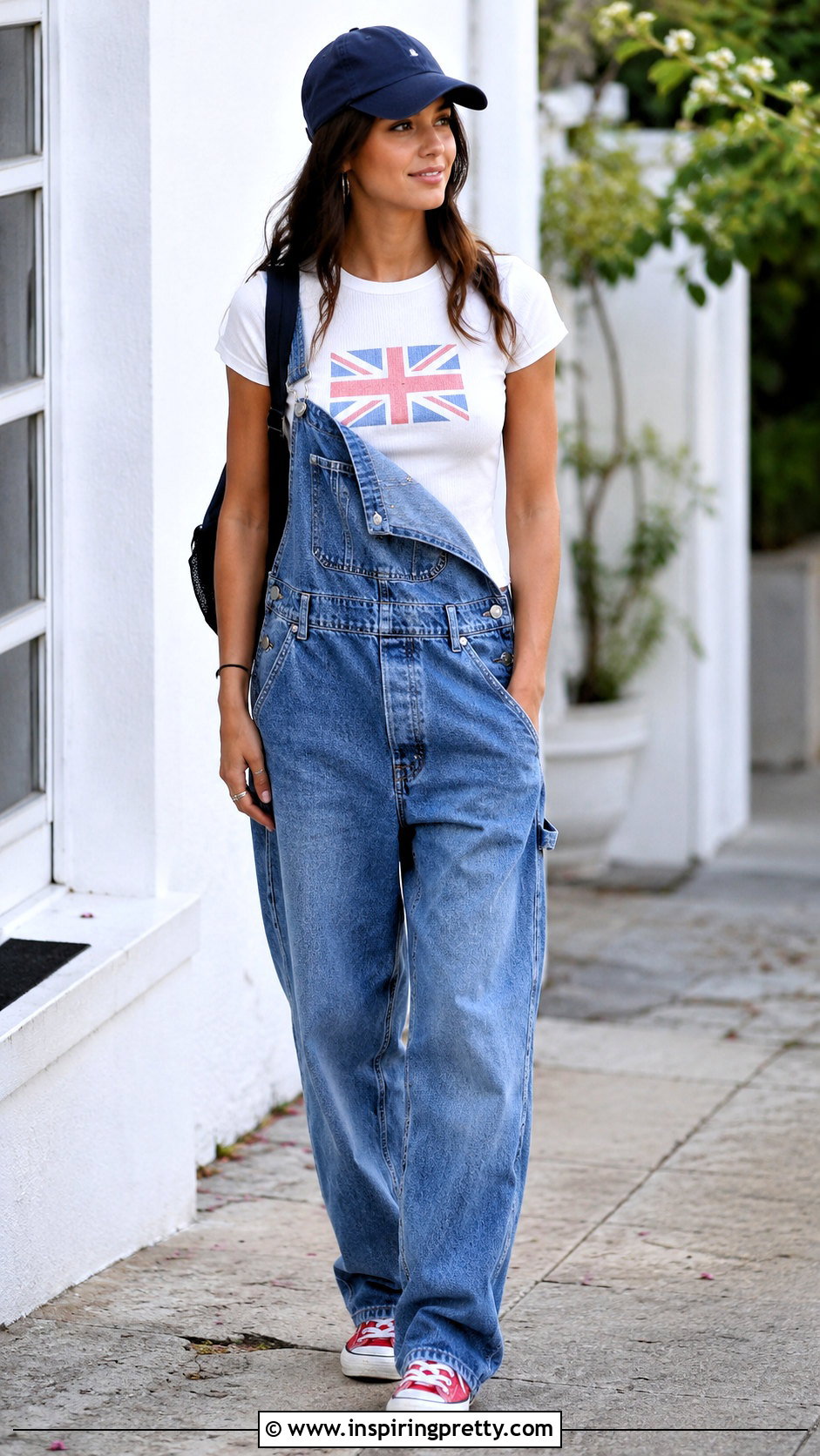 British Flag Top With Denim Overalls And Sneakers - 20 Brandy Melville British Flag Top outfit ideas