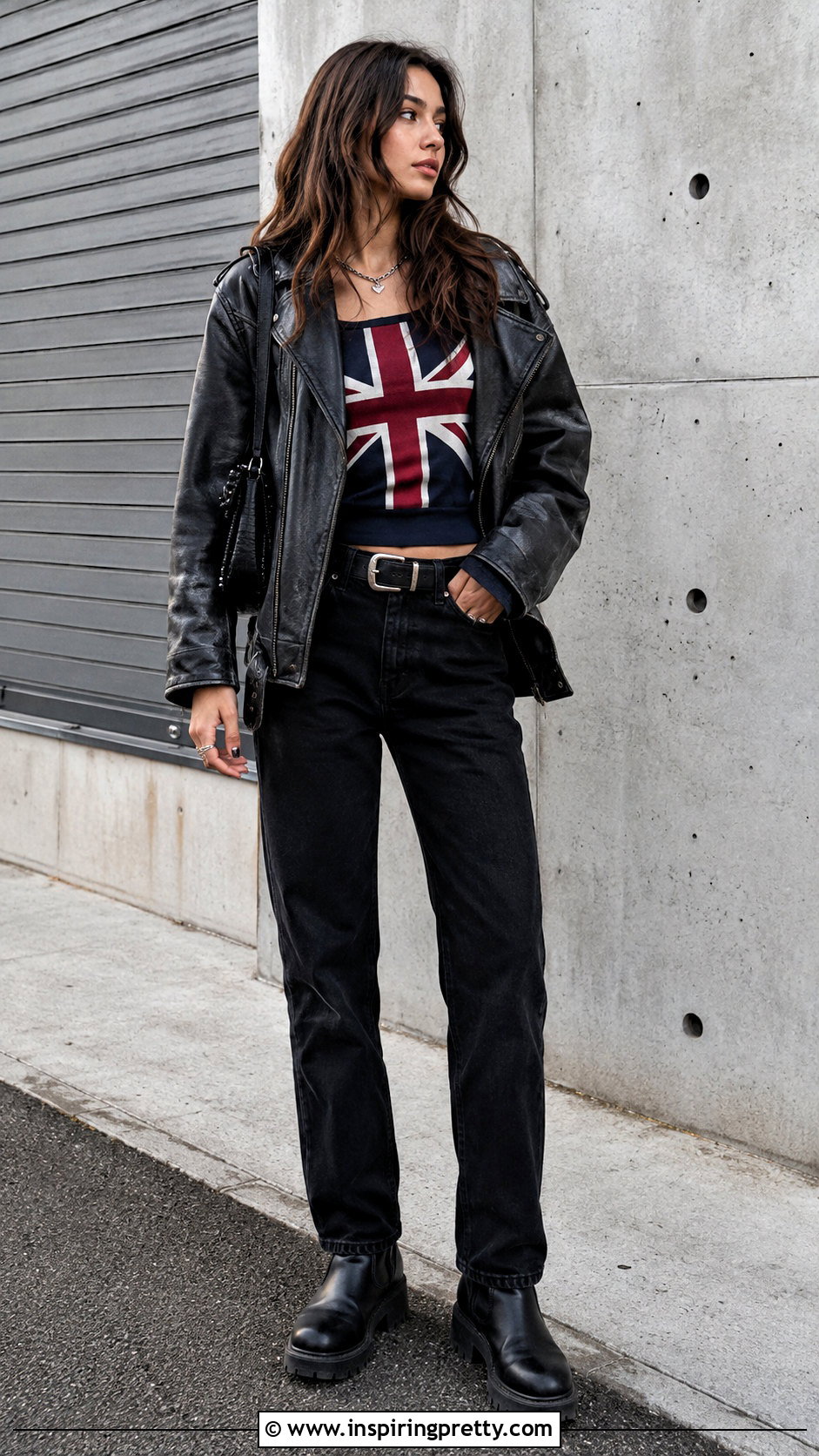 British Flag Top With Leather Jacket And Black Jeans - 20 Brandy Melville British Flag Top outfit ideas