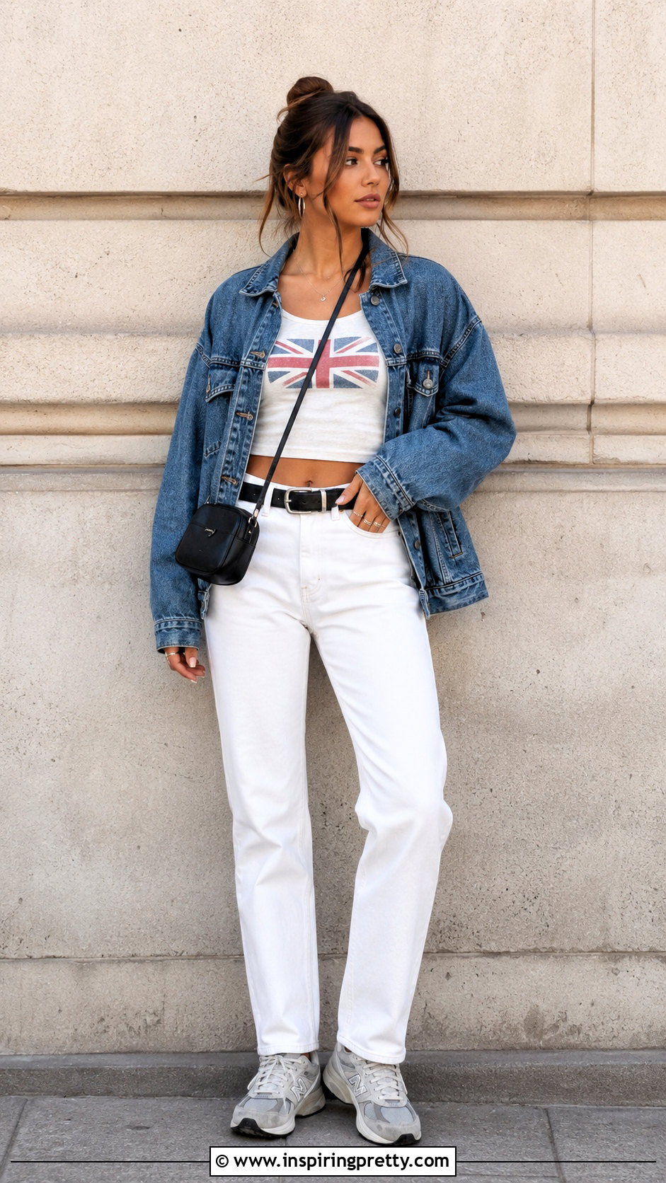 British Flag Top With White Jeans And Denim Jacket - 20 Brandy Melville British Flag Top outfit ideas