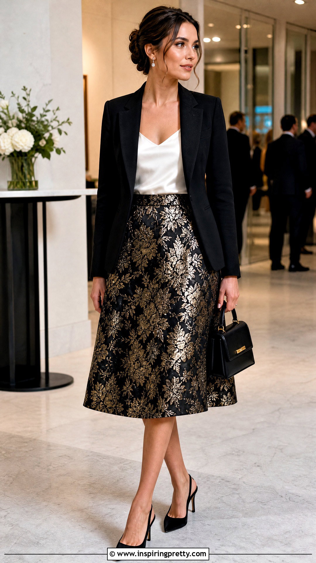 Brocade A Line Skirt With Satin Camisole And Blazer - 50 brocade skirt and top outfit ideas