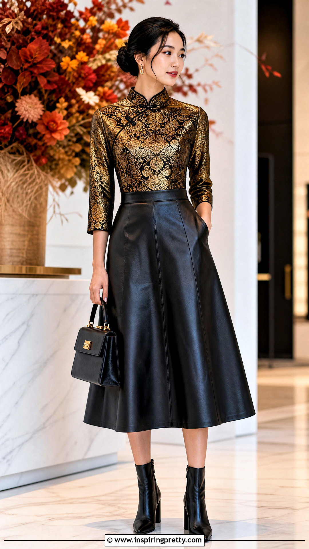 Brocade Chinese Top With Faux Leather Skirt - 50 chinese top outfit ideas