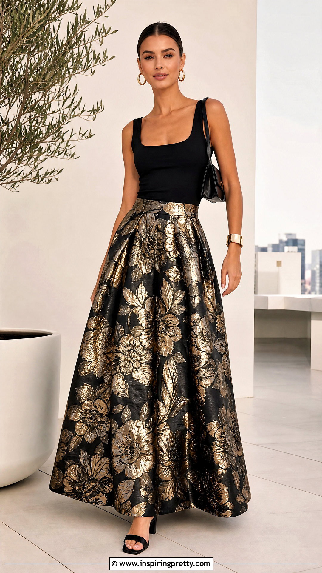 Brocade Maxi Skirt With Fitted Black Tank Top - 50 brocade skirt and top outfit ideas