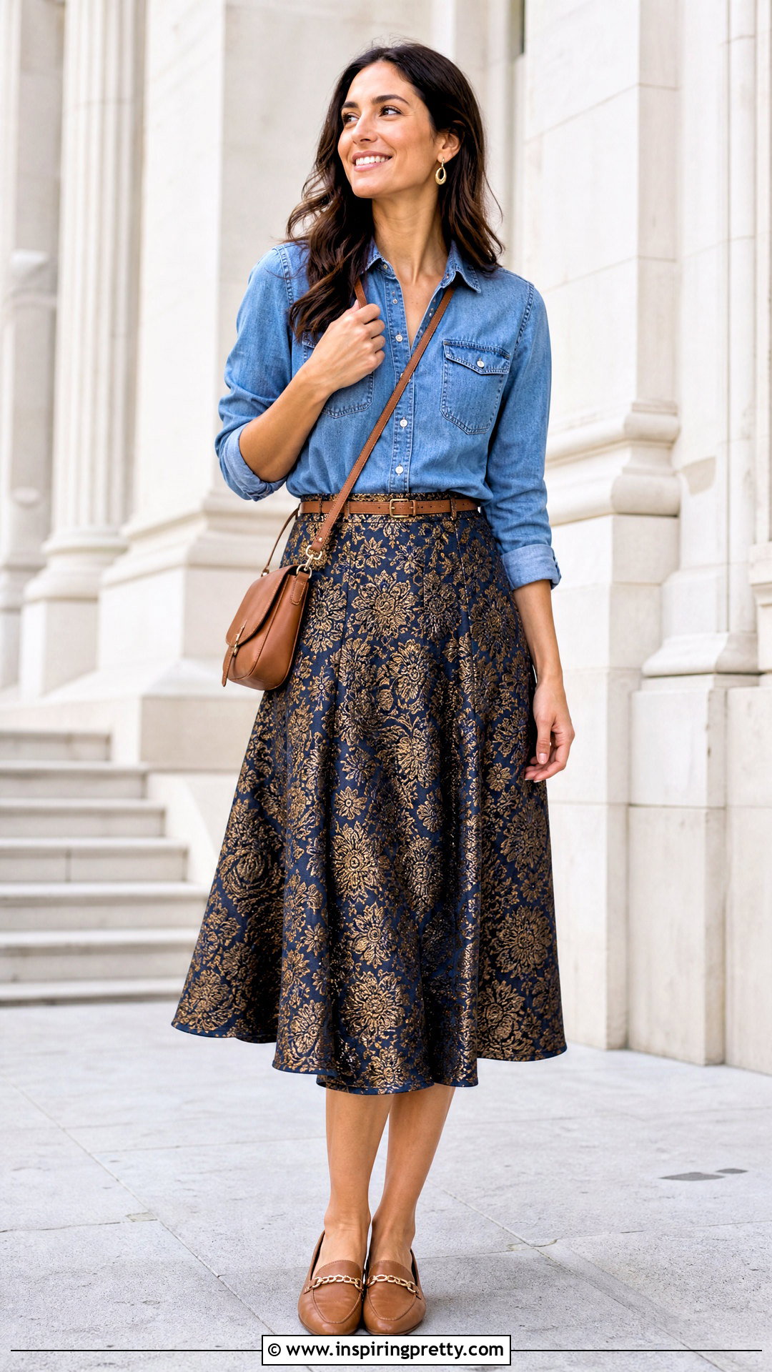 Brocade Midi Skirt With Denim Shirt - 50 brocade skirt and top outfit ideas