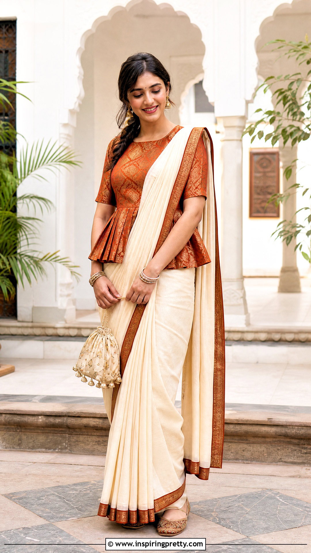 Brocade Peplum Top With Cotton Saree - 20 peplum top with saree outfit ideas