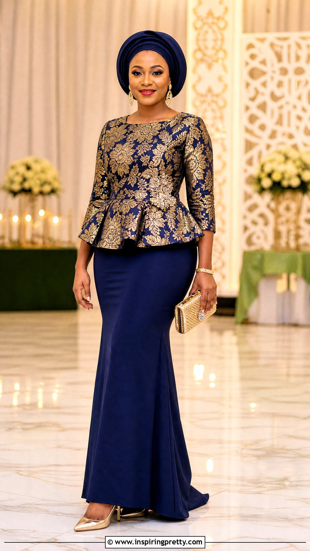 Brocade Peplum Top With Solid Maxi Skirt - 50 peplum top with skirt outfits
