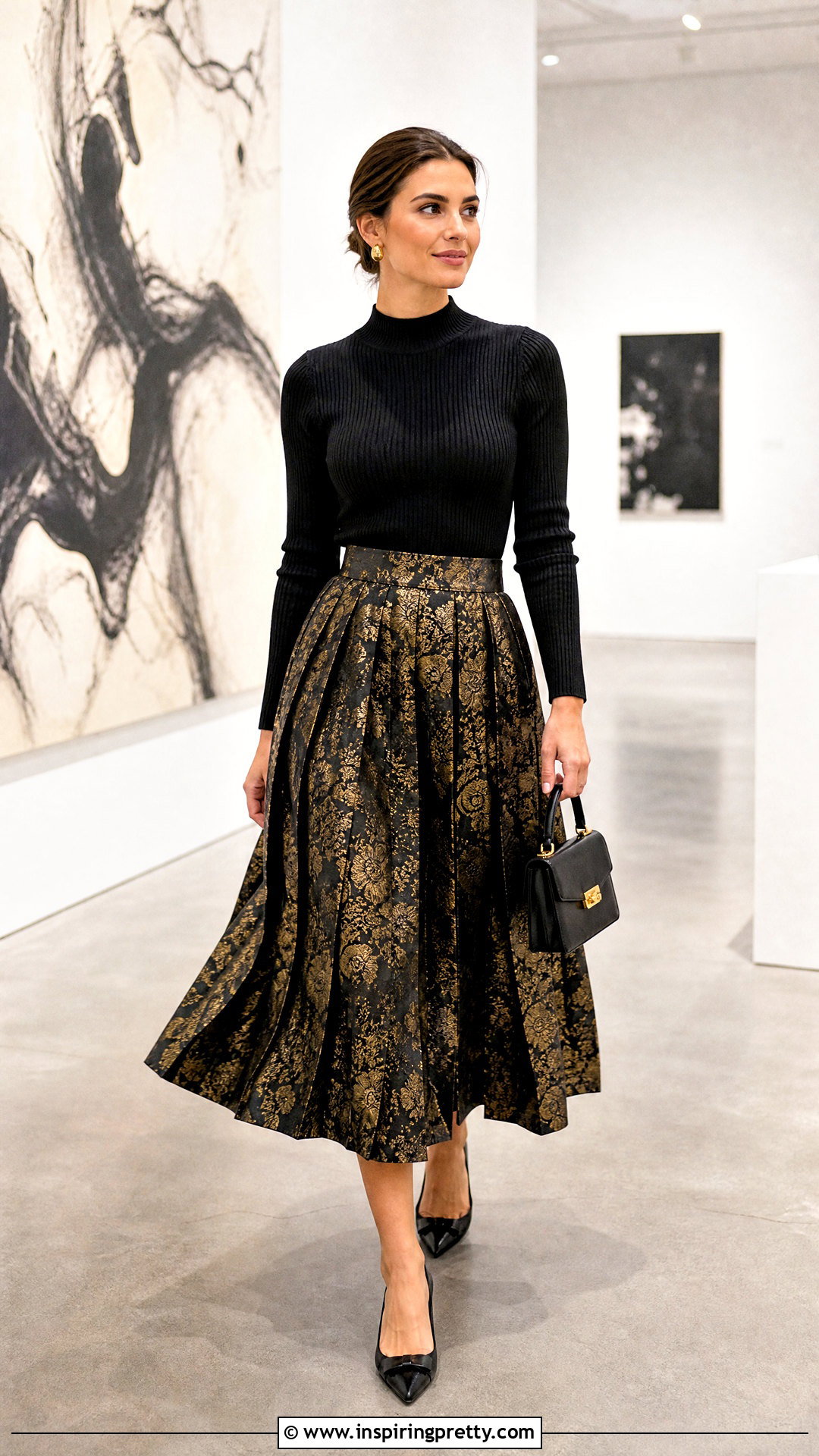 Brocade Pleated Skirt With Ribbed Knit Top - 50 brocade skirt and top outfit ideas