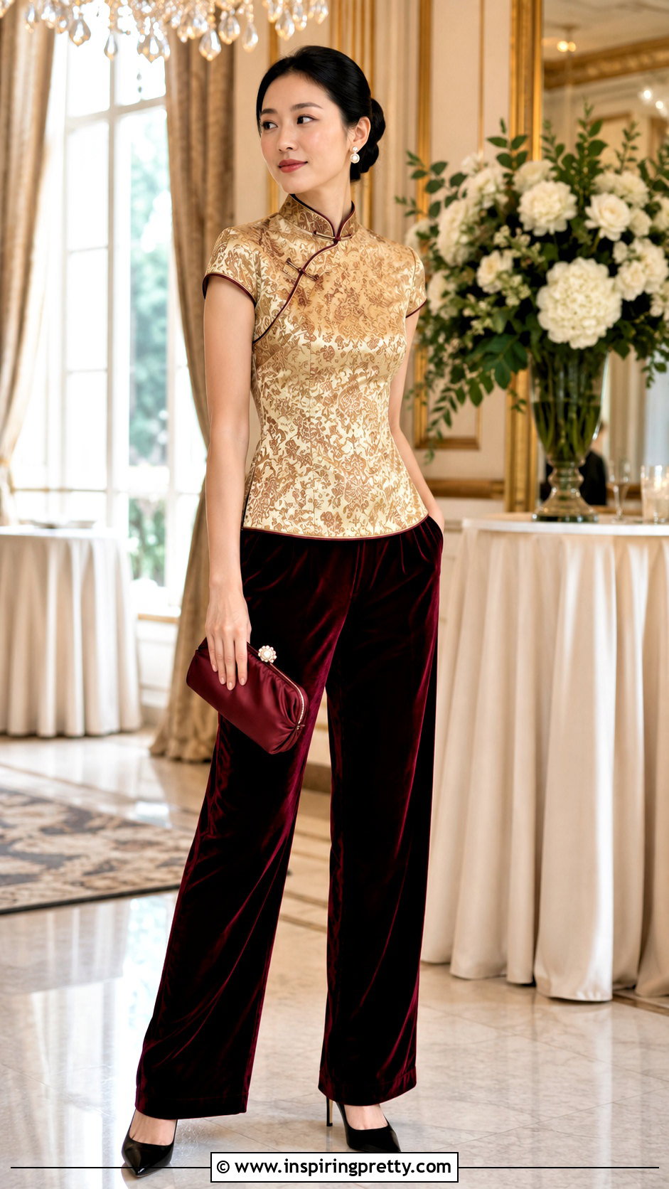 Brocade Qipao Top With Velvet Pants - 50 qipao top outfit ideas