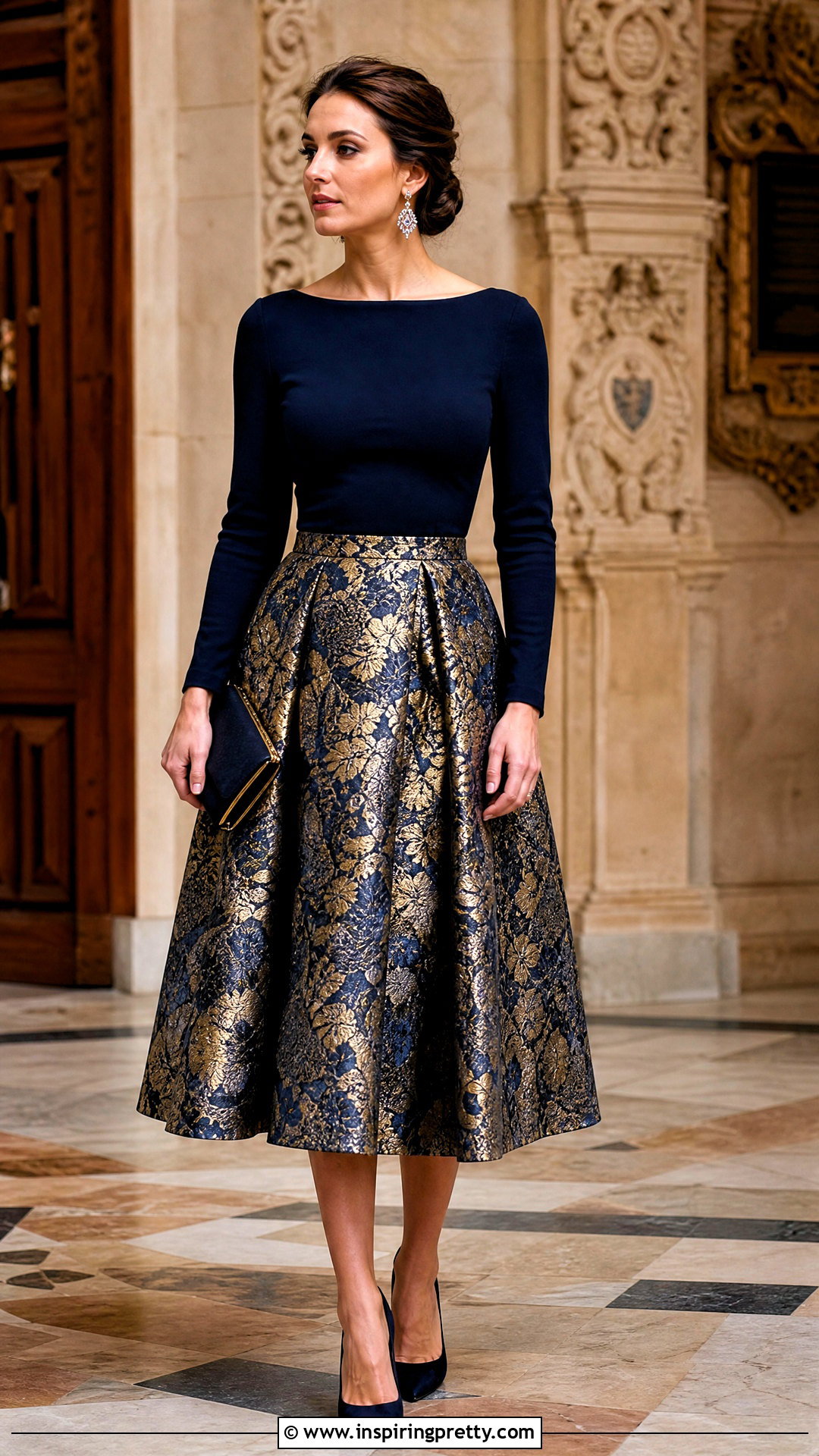 Brocade Skirt And Boat Neck Top - 50 wedding guest skirt and top outfit ideas