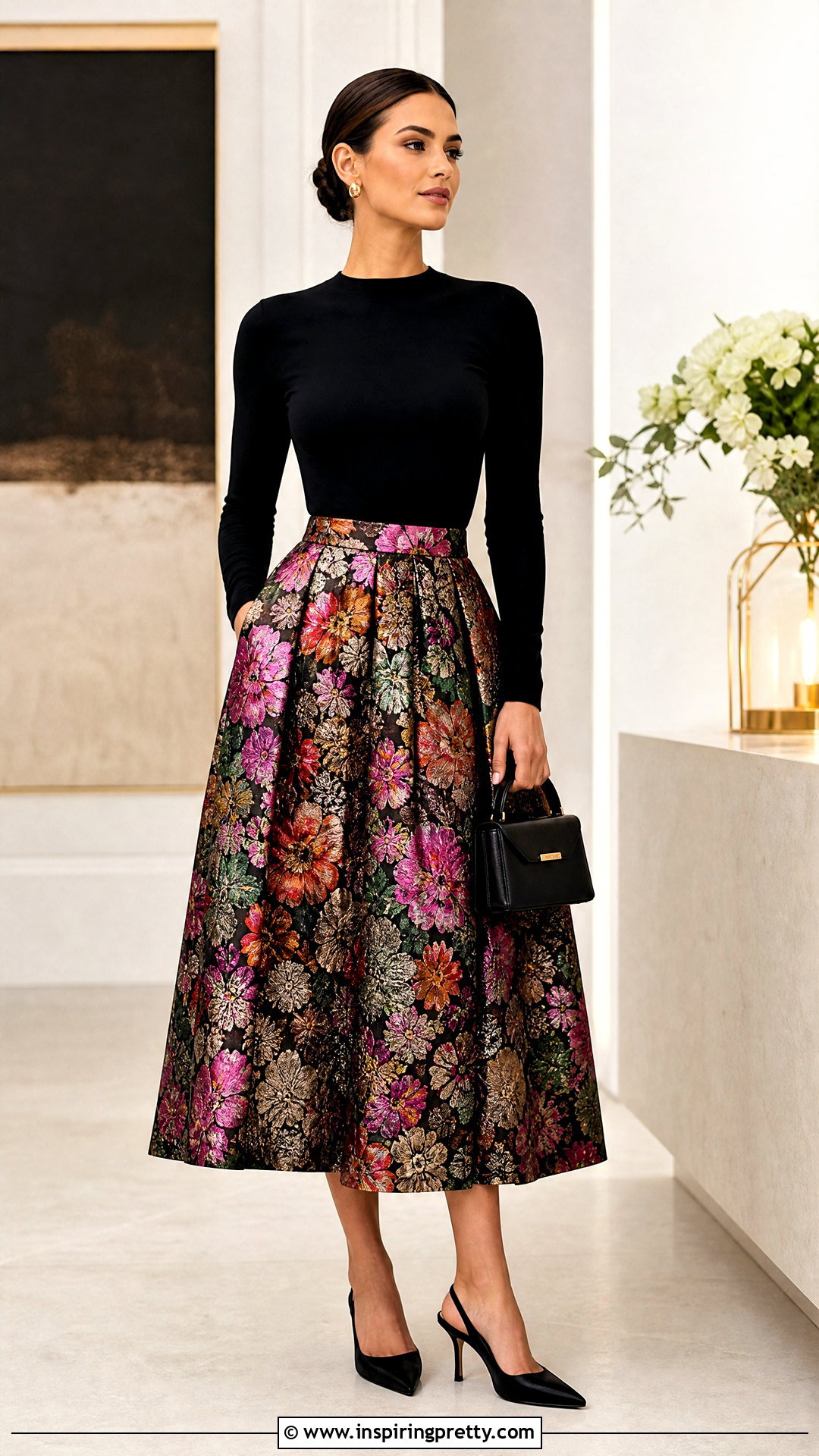 Brocade Skirt With Black Bodysuit - 50 brocade skirt and top outfit ideas