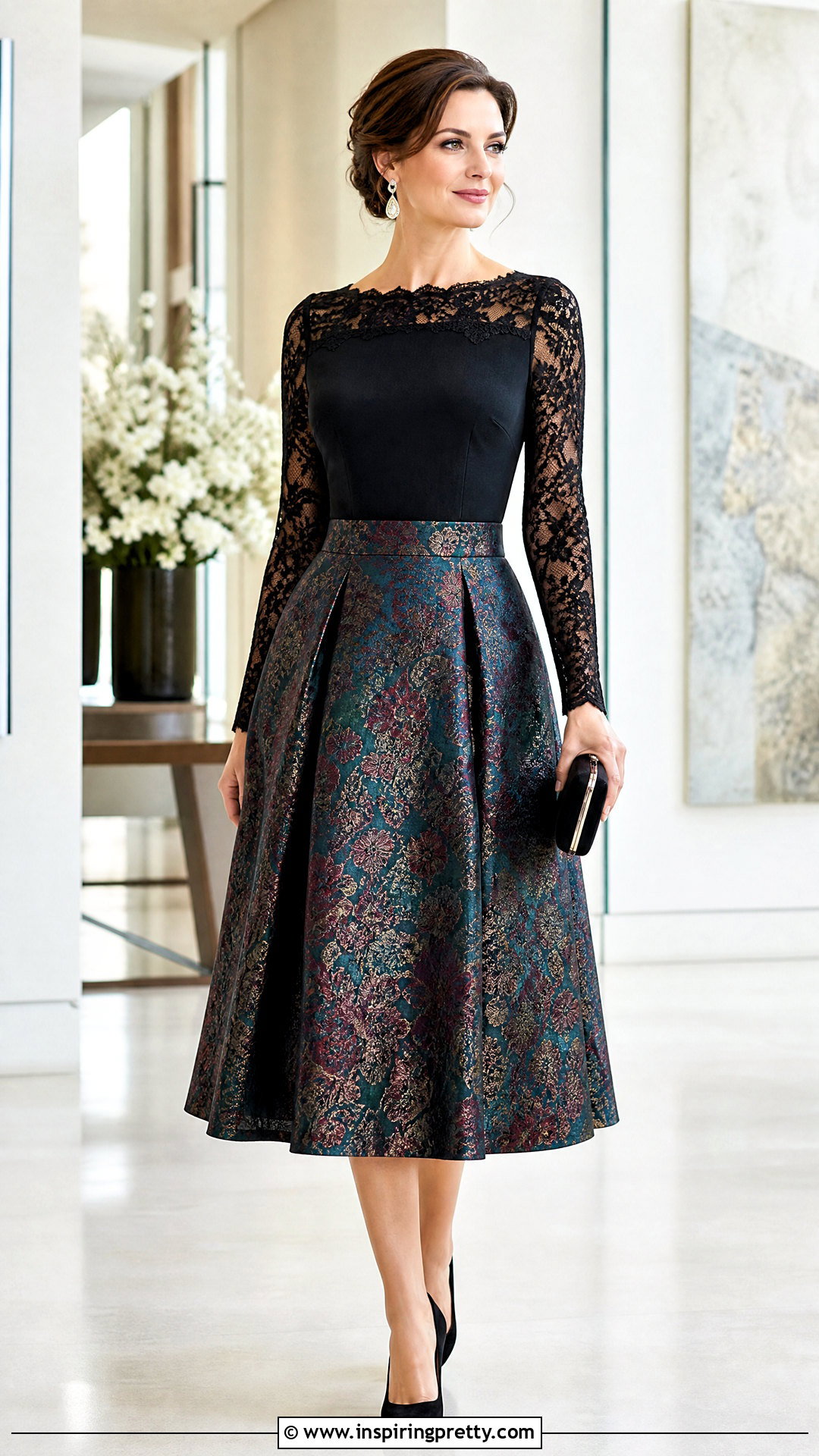 Brocade Skirt With Black Lace Sleeve Top - 50 brocade skirt and top outfit ideas