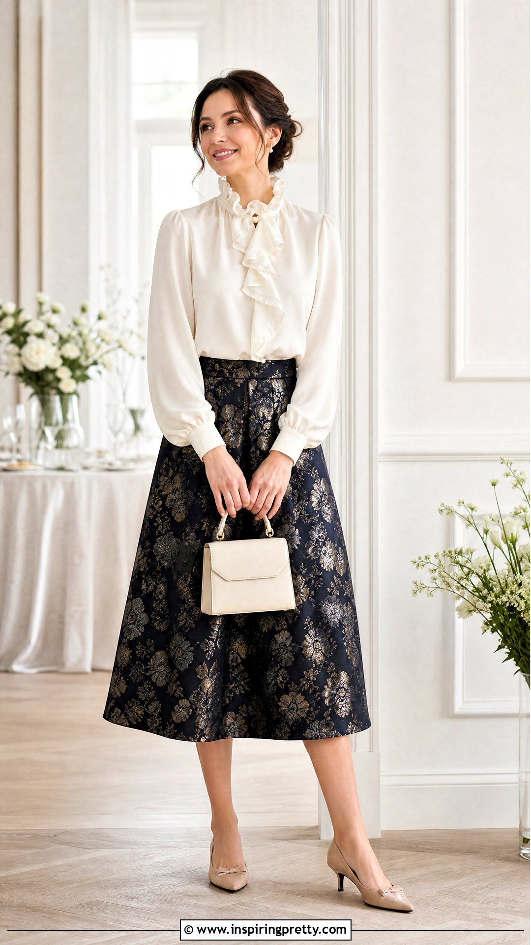 Brocade Skirt With Ruffled Blouse - 50 brocade skirt and top outfit ideas