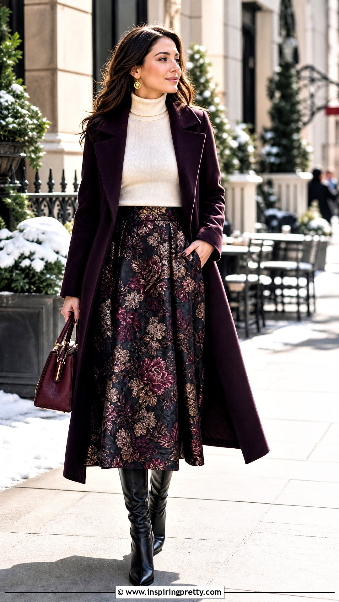Brocade Skirt With White Turtleneck And Boots - 50 brocade skirt and top outfit ideas