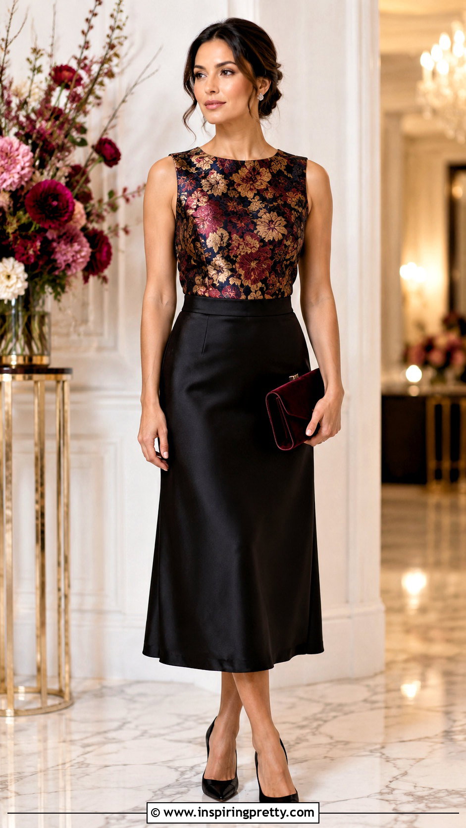 Brocade Top With Black Midi Skirt - 50 dressy tops outfit ideas