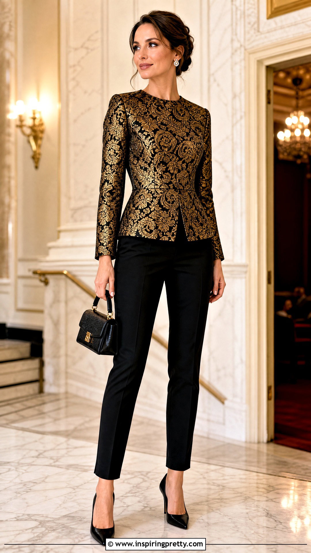 Brocade Top With Cigarette Pants - 50 elegant tops outfit ideas